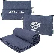 PAVILIA Travel Blanket Compact, Airplane Blanket Packable Bag, Soft Fleece Portable Throw Pillow Combo Set, Plane Flight Car Trips Travel Essentials Gift Accessories, Luggage Backpack Clip, Navy Blue