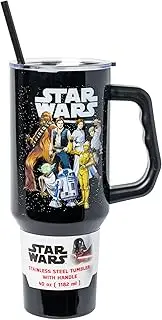 Silver Buffalo Star Wars Stainless Steel Tumbler with Handle and Straw, Fits in Standard Cup Holder, Featuring Chewbacca, Yoda, R2-D2, C-3PO, Princess Leia, Han Solo, and Luke Skywalker, 40 Ounces