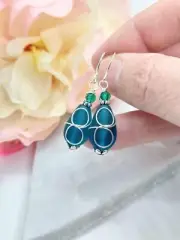 Teardrop Blue Frosted Seaglass Glass Earrings Everyday Wedding Sterling Silver