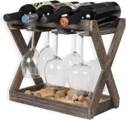 Cava Countertop Solid Wood Wine Rack for 4 Bottles and 6 Stemware Glass Holder C