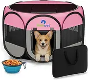 Playpen for Small Dogs Cats Crate: Puppy Play Pen Indoor Outdoor Foldable Potable Exercise Cage Pop up Kennel for Guinea Pig Rabbits Hamster Travel with Carrying Case & Food Bowl (Pink, S, 1)