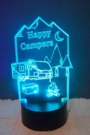 Acrylic Light up Happy Campers decor with stand & color changing remote, 8-1/2"