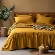 100% Cotton Quilt Cover Set High Thread Count, Extra Soft with Sateen Weave, 3 Pieces Doona Cover Set, Solid Plain Color (Golden Mustard, Queen)