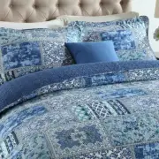 BEAUTIFUL CHIC TROPICAL BLUE WHITE GREY SOUTHWEST PATCHWORK BOHEMIAN QUILT SET
