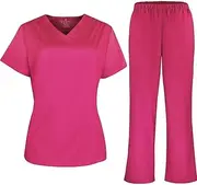 [Leaddol] Scrubs for Women Set Unique V-Neck Stretch Top & Straight Pants,Elastic Waistband,4 Pockets