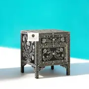 Bone Inlay Nightstand with 2 Drawers Black Floral Pattern Bedside Table