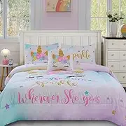 Cokouchyi Twin Size Comforter Set for Girls, 6-Piece Bed in a Bag, 3D Colorful Unicorn Bedding Comforter Sheet Set, Ultra Soft and Fluffy, Pink & Rainbow Color