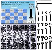 Hex Socket Head Cap Screws Black Bolts Nuts Washers 630Pcs M2 M3 M4 12.9 Grade Alloy Steel Allen Socket Drive Machine Screws Fully Threaded Screws Assortment Kit