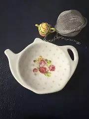 Vintage Porcelain Pink Rose Floral Teapot Shaped Tea Spoon Bag Rest + tea strain