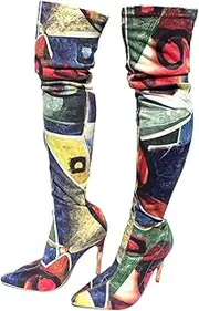 Sexy Elastic Graffiti Abstract Stiletto Over The Knee Boot, Fashion Stretchy New Thin High Heel Above The Knee Shoe, Frankie Hsu Large Big Size Designer Thigh High Long Boots For Women