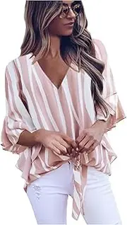 [Azura Exchange] Striped TieFront Blouse Women Pink Shirts