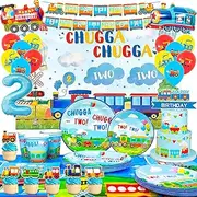Chugga Chugga Two Two Party Decorations,95pcs Train Birthday Decorations & Train Party Tableware Set- Train Plates Cups Napkins Tablecloth Banner Balloons Backdrop etc Train Birthday Party Supplies