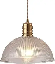 Ribbed Glass Pendant Lighting Fixture Dome Hanging Lamp, Antique Gold Finish Drop Ceiling Light Single Chandelier, E27 Suspension Lights(Dia-25cm)