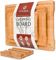 STYLIQUE Wooden Chopping Board Set of 3 with Cutting Board Organiser, Meal Prep Wooden Cutting Boards, Large Chopping Board and Serving Tray, Cheese Board, Kitchen Tools gadgets, Bamboo Chopping Board