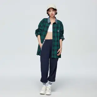 【GAP】男女同款 Logo純棉翻領長袖襯衫-綠色格子(877589)