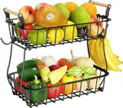 2 Tier Fruit Basket with Banana Hangers for Kitchen Countertop Storage