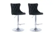 AADEN 2x Velvet Height Adjustable Swivel Bar Stools- Black