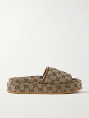 [Gucci] Gucci - Clarice Leather-trimmed Canvas-jacquard Platform Slides - Beige - IT39.5 IT 39.5 Neutrals