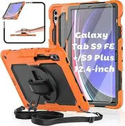 [BASE MALL] Case for Samsung Galaxy Tab S10 Plus/ S9 FE+/ S9 Plus Tablet Case 12.4-inch with Tempered Glass Screen Protector, [with Rotating Kickstand, Hand & Shoulder Strap, S Pen Holder] (Orange)