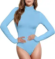 [Caihoyu] Light Blue Solid Color Pure Plain long sleeve Sexy Tops for Women Going Out Tummy Control Shapewear Cute Going Out Tops for Women High-Neck, Color 3