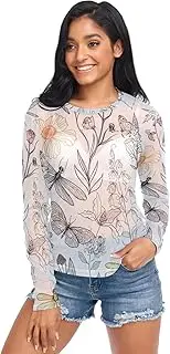 [RPLIFE] Soft Floral Insect White Womens Mesh Top, Long Sleeve Party Tops S-XXL