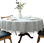Heavy Weight Cotton Linen Tablecloth, Plaid Tassel Round Table Cover for Kitchen Dining Room Tabletop Decorations, Round - 78", Grey