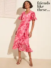Friends Like These Pink Floral Chiffon Mix Flutter Sleeve Wrap Dress (F78115) | $150