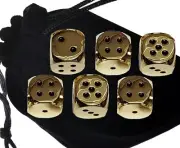 Set (6) 16mm Weighty Zinc Alloy Dice Gold Tone Black Pips + Storage Pouch