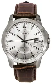 Casio Analog Brown Leather Band Silver Dial MTP-V004L-7C Splash-Proof Mens Watch