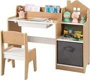 HONEY JOY Kids Study Desk and Chair Set, Children Study Table w/Open Shelves, Drawer & Fabric Storage Bin, Student Drawing Writing Desk for Boys & Girls, Kids Furniture Set for Bedroom Study