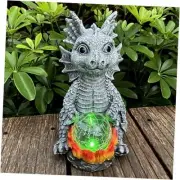 Solar Garden Statue Dragon Figurine with 7-Color Changing Solar Crackle Globe