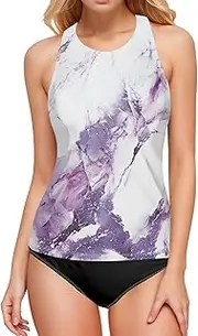 [AIXIWAWA] Women's Tankini Tops-Purple Marble, Swimsuit Top for Beach Pool Vacation S