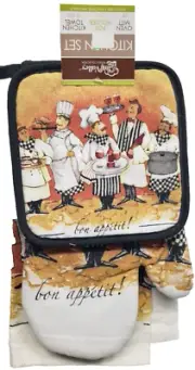 3pc Kitchen Set: 1 Oven Mitt,1 Towel & 1 Potholder, FAT CHEFS & WAITERS, CV
