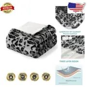 Luxury Waterproof Pet Blanket Twin, Grey Leopard Faux Fur Throw for Sofa & Couch
