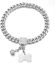 Aiyidi Dog Chain Collar Silver Stainless Steel Cuban Link Choker Collar Width 11/15/19mm with Rhinestone Safety Buckle Dog tag Dog Bell Chew-Proof Water-Proof for Large Medium Small Dogs(15mm,16'')
