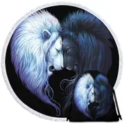 Yin Yang Brotherhood Black White Lions Round Beach Towel