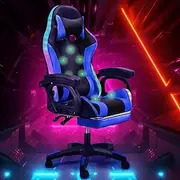 [Furb] Gaming Chair with RGB LED Lights and 7-Point Massage, Ergonomic Computer Gaming Chair with Footrest & Lumbar Support, High Back PU Leather Desk Chair Game Chair for Home Office, Blue