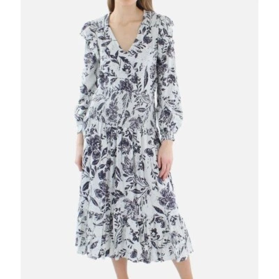 Aqua Women's Linen Blend Smocked Midi Dress Blue Multi Size Small NWT