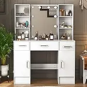 Umeiga Large Vanity Table, 3 Color Lights & Brightness Adjustable Vanity Set Makeup Table with Drawers and Shelves, Girls Vanity Desk with Cushioned Stool, 140x100x40cm