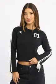 Black Crop Knit Top Long Sleeve Varsity Contrast Trim - Size 10S, Women's Jumper
