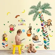 DECOWALL DSL-8065 Monkey Tree Books Wall Stickers Decals for Kids Jungle Reading playroom Toddler Reading Nook Safari Classroom Bedroom Baby Decor DIY Animals Nursery Gift