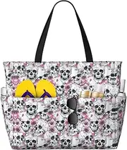[Ghjkfbf] Floral Skull Print Large Capacity Beach Travel Bag For Family, Beach Tote Bag For Women With Zipper Pockets, Black, One Size