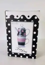 NEW Tea for One Ceramic Teapot & Cup Set, Pink/Black, Great Gift!