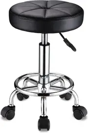 Round Swivel Stool with Wheels - PU Leather, Height Adjustable, Black
