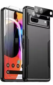 Black Google Pixel 7 Case with 2 Pcs Tempered Glass Screen Protector Shockproof