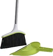 Casabella Basics 2-Piece Angled Broom and Dustpan Set, 44" Angled Broom with Long Handle and Dustpan, Silver/Green