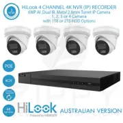 HiLook 4 Channel 4K NVR+6MP Smart 2.8mm AI, Dual IR White Turret Cameras & HDD