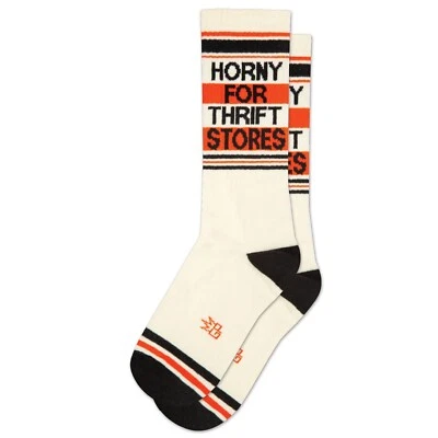 HORNY FOR THRIFT STORES Socks by Gumball Poodle Unisex Ribbed Gym Crew Socks
