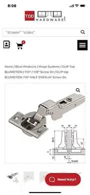 Blum CLIP top BLUMOTION 110° Half Crank, Screw-on Cabinet Hinge - 71B3650 240 Pc