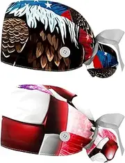 [YTYVAGT] 2-Pc,Nurse Scrub Caps,Scrub Hats with Buttons and Cotton Sweatband,American Flag White Headed Eagle